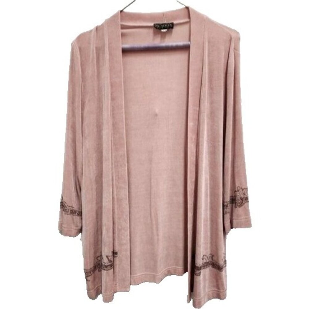Picadilly Womens Slinky Knit Cardigan‎ Medium Pink Floral Border Open Front BOHO